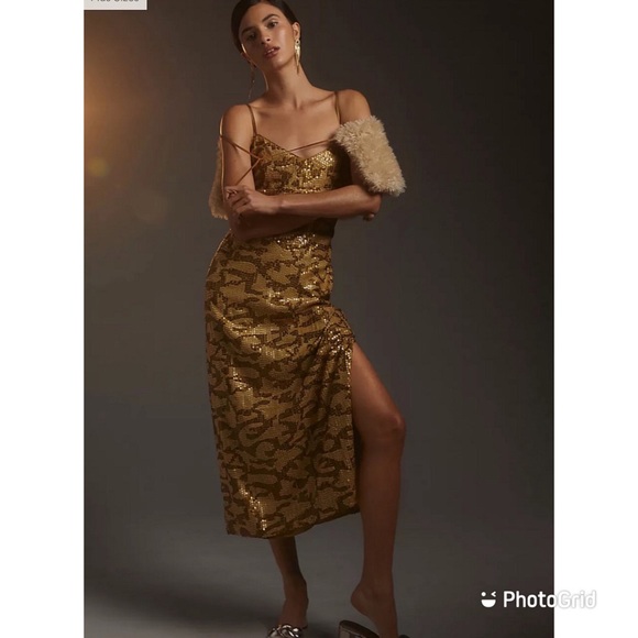 Anthropologie Gold Sequined Slip Midi Dress - NWT - Picture 2 of 13